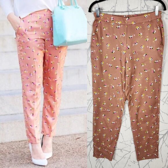 J. Crew Salmon Floral Falling Pansies High Rise Pull On Trousers - Picture 1 of 8